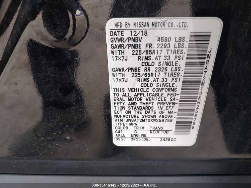 2019 NISSAN ROGUE SV - JN8AT2MT0KW258759