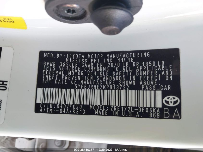 2019 TOYOTA COROLLA L/LE/XLE/SE/XSE - 5YFBURHE7KP913722
