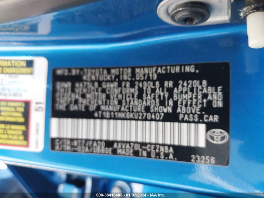 2019 TOYOTA CAMRY L/LE/XLE/SE/XSE - 4T1B11HK6KU270407