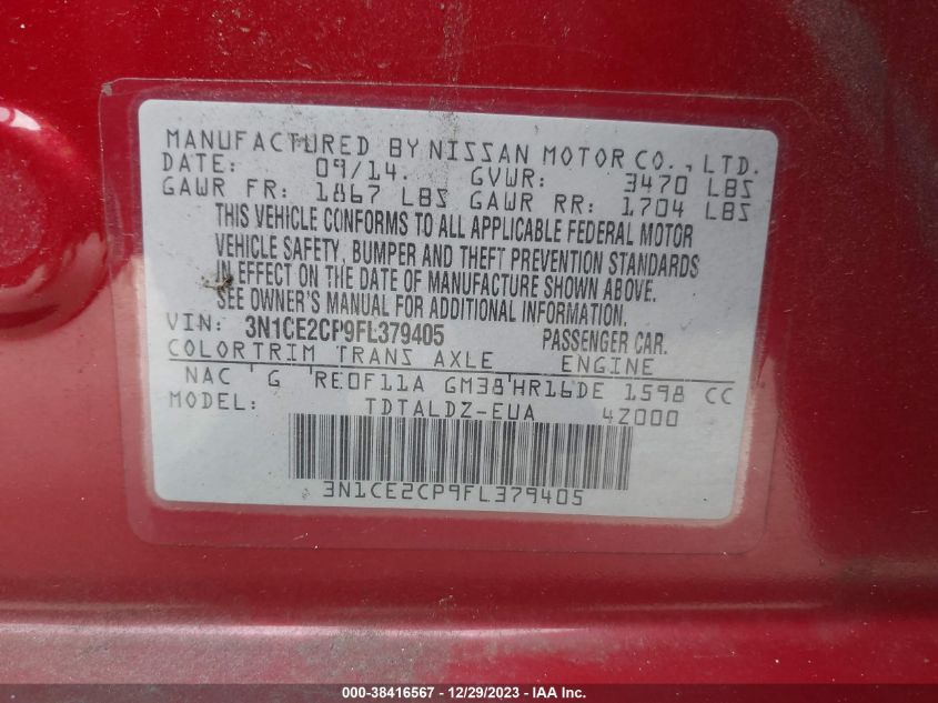 2015 NISSAN VERSA NOTE S (SR)/S PLUS/SL/SR/SV - 3N1CE2CP9FL379405