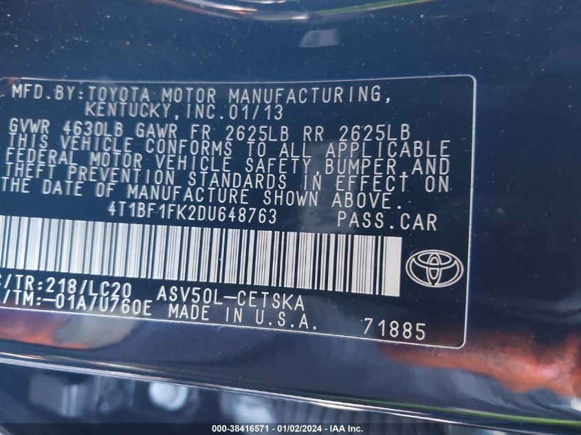 2013 TOYOTA CAMRY L/SE/LE/XLE - 4T1BF1FK2DU648763