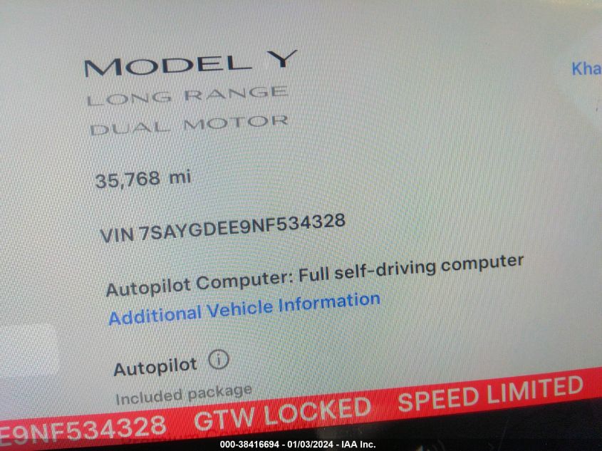 2022 TESLA MODEL Y - 7SAYGDEE9NF534328