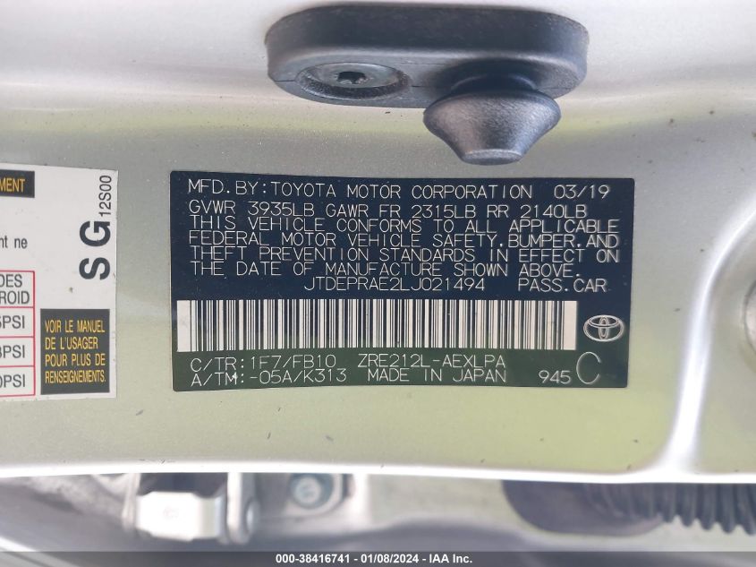 2020 TOYOTA COROLLA LE - JTDEPRAE2LJ021494