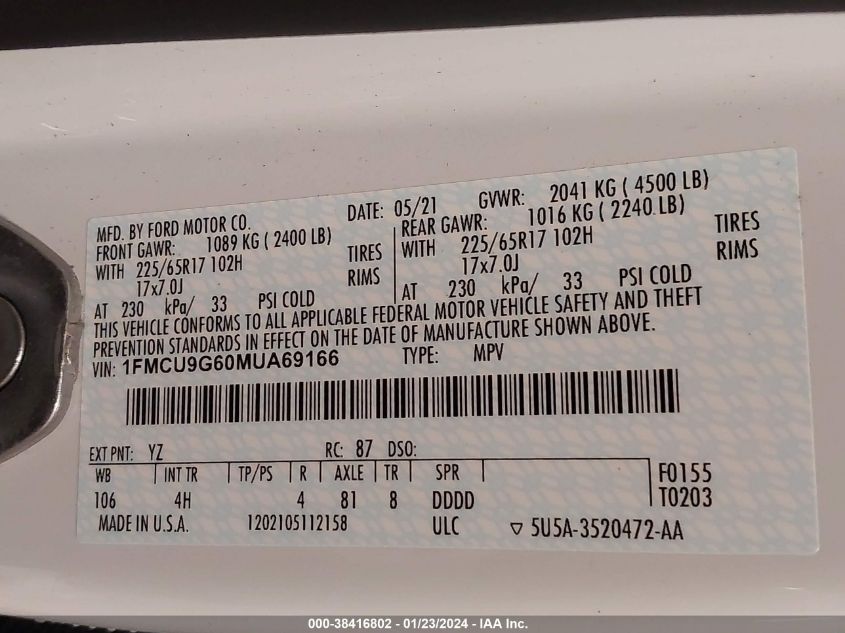 2021 FORD ESCAPE SE - 1FMCU9G60MUA69166