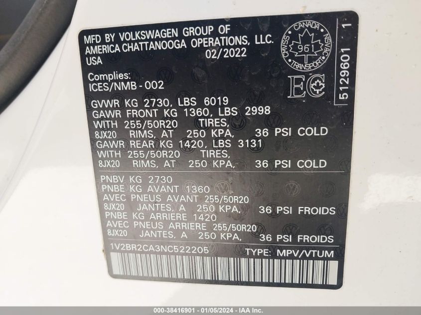 2022 VOLKSWAGEN ATLAS SEL - 1V2BR2CA3NC522205