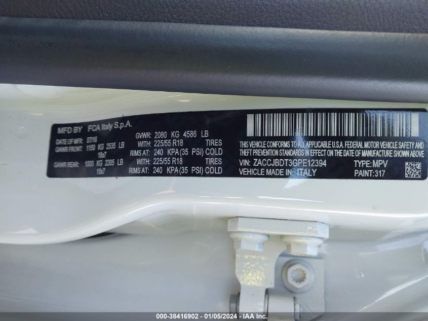 2016 JEEP RENEGADE LIMITED - ZACCJBDT3GPE12394