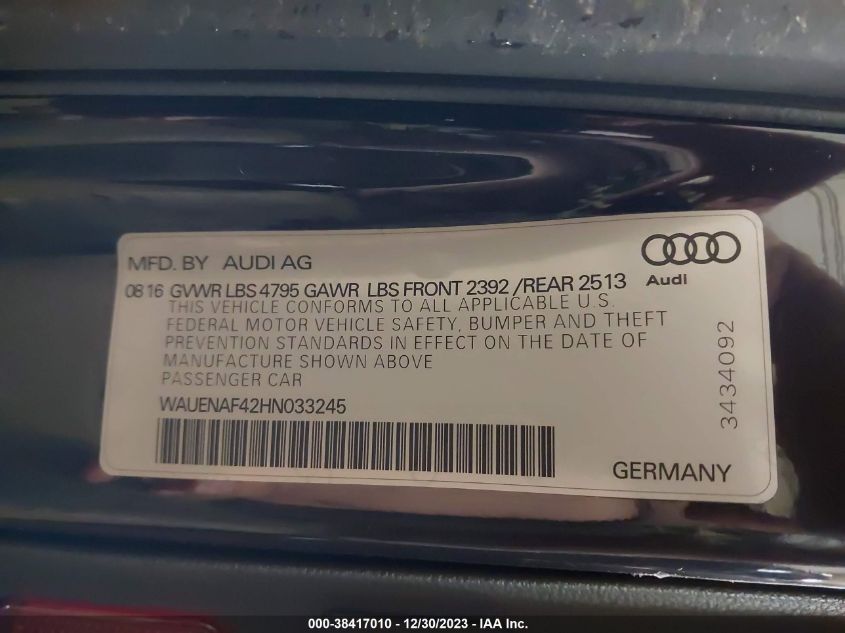2017 AUDI A4 2.0T PREMIUM - WAUENAF42HN033245