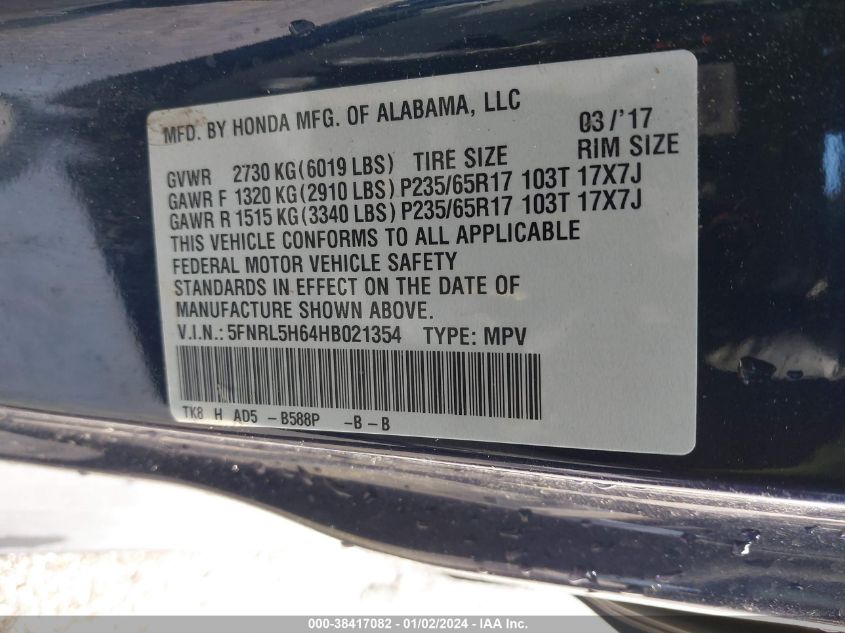 2017 HONDA ODYSSEY EXL - 5FNRL5H64HB021354
