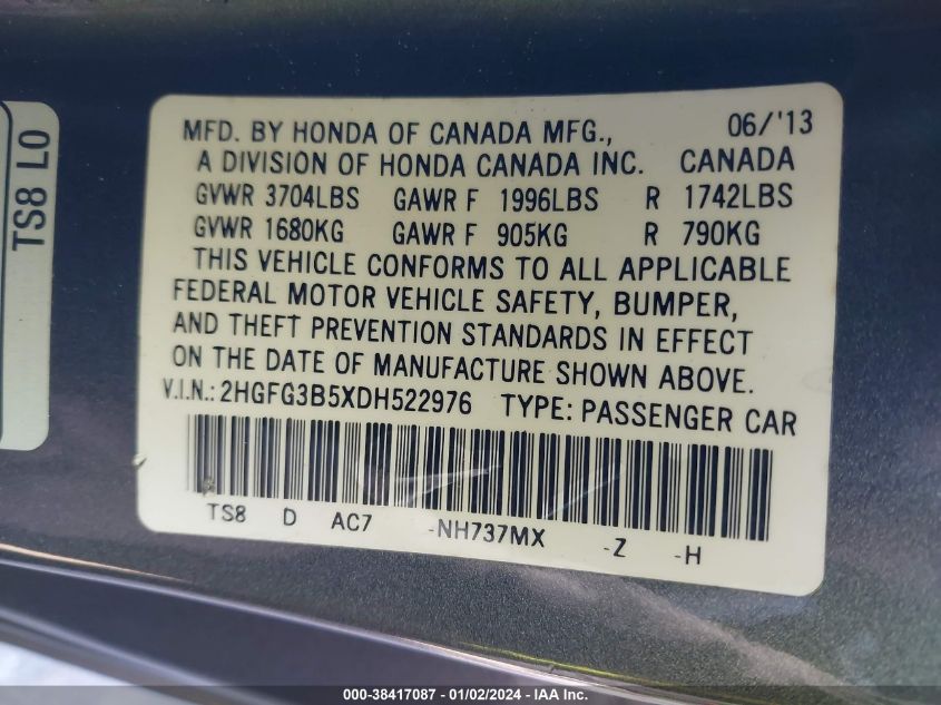 2013 HONDA CIVIC LX - 2HGFG3B5XDH522976