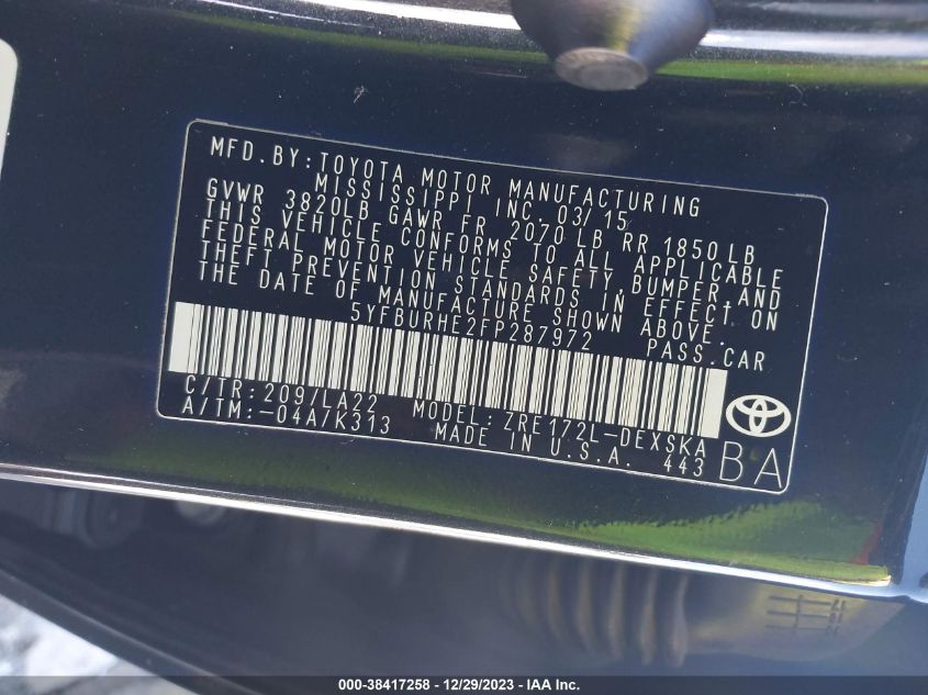 2015 TOYOTA COROLLA S PREMIUM - 5YFBURHE2FP287972