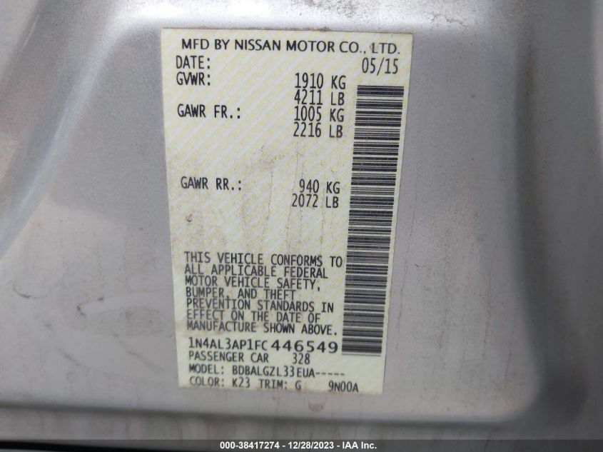 2015 NISSAN ALTIMA 2.5/2.5 S/2.5 SL/2.5 SV - 1N4AL3AP1FC446549