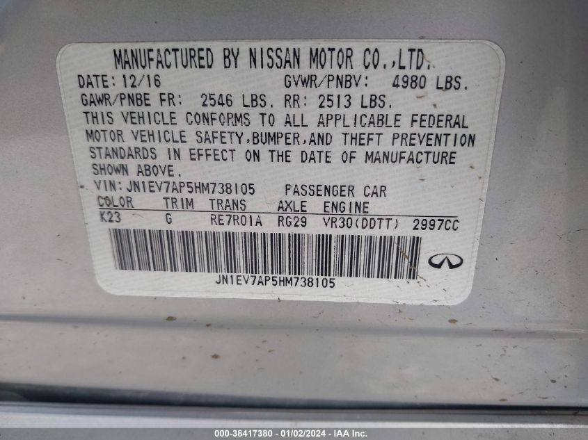 2017 INFINITI Q50 3.0T PREMIUM - JN1EV7AP5HM738105