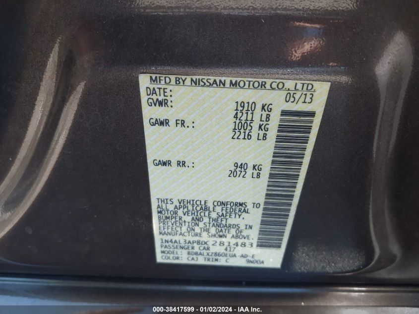 2013 NISSAN ALTIMA 2.5/S/SV/SL - 1N4AL3AP8DC281483