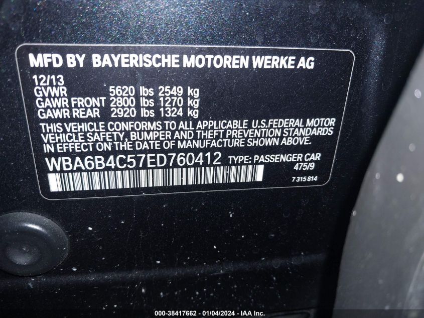 2014 BMW 650I GRAN COUPE XDRIVE WBA6B4C57EE760412
