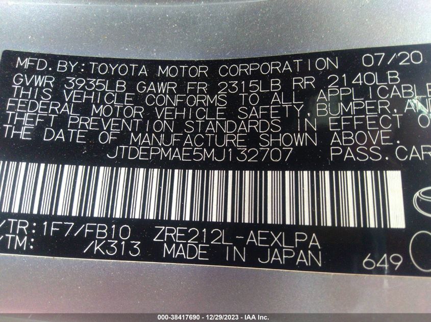 2021 TOYOTA COROLLA LE - JTDEPMAE5MU132707