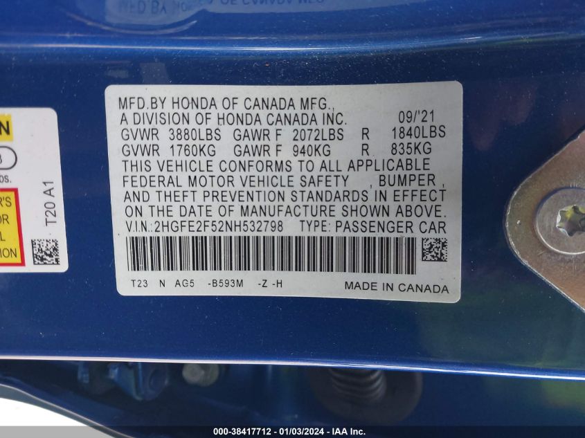 2022 HONDA CIVIC SPORT - 2HGFE2F52NH532798