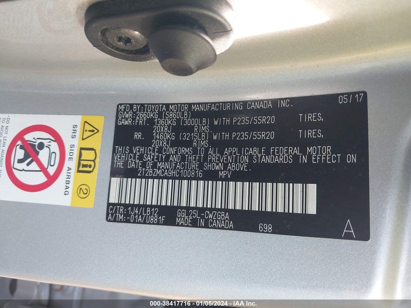 VIN 2T2BZMCA9HC100816 2017 LEXUS RX 350