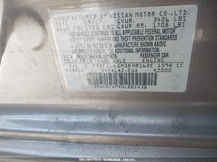 2017 NISSAN VERSA 1.6 S+ - 3N1CN7APXHL881438