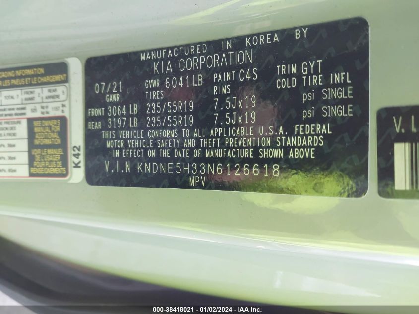 2022 KIA CARNIVAL MPV SX PRESTIGE KNDNE5H33N6126618