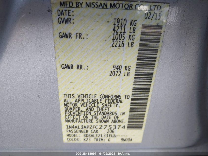 2015 NISSAN ALTIMA 2.5 - 1N4AL3AP2FC275374