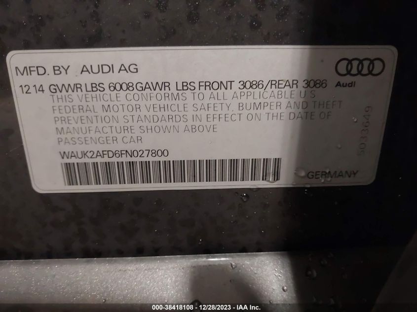 2015 AUDI S8 4.0T - WAUK2AFD6FN027800
