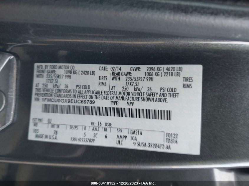 2014 FORD ESCAPE SE - 1FMCU0GX9EUC69789