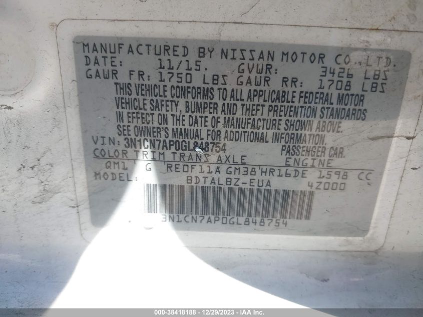 2016 NISSAN VERSA S/S PLUS/SV/SL - 3N1CN7AP0GL848754