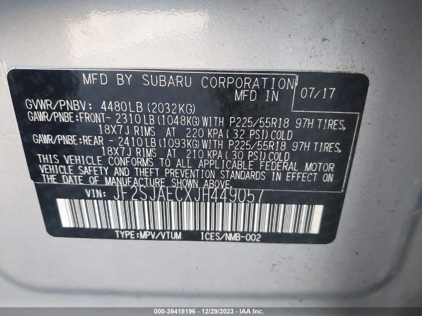2018 SUBARU FORESTER 2.5I PREMIUM - JF2SJAECXJH449057