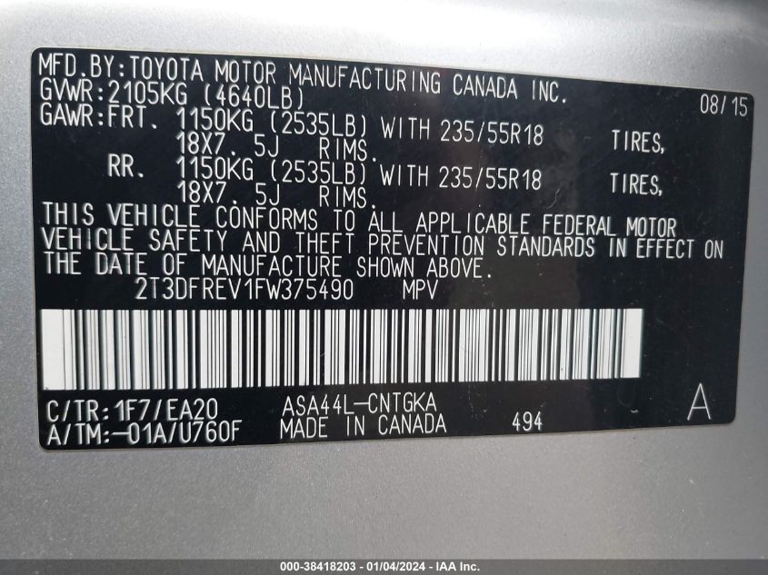 2015 TOYOTA RAV4 LIMITED - 2T3DFREV1FW375490