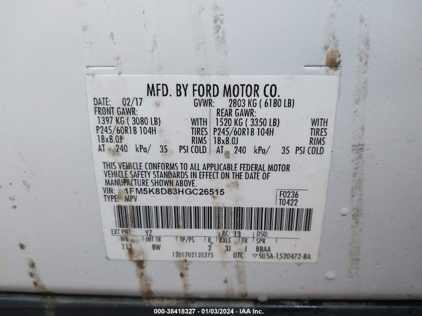 2017 FORD EXPLORER XLT - 1FM5K8D83HGC26515