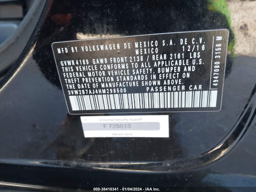 2017 VOLKSWAGEN JETTA 1.4T S - 3VW2B7AJ4HM298500