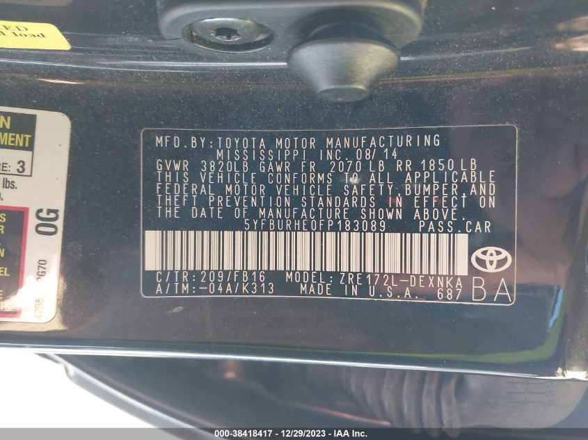 2015 TOYOTA COROLLA LE PLUS - 5YFBURHE0FP183089