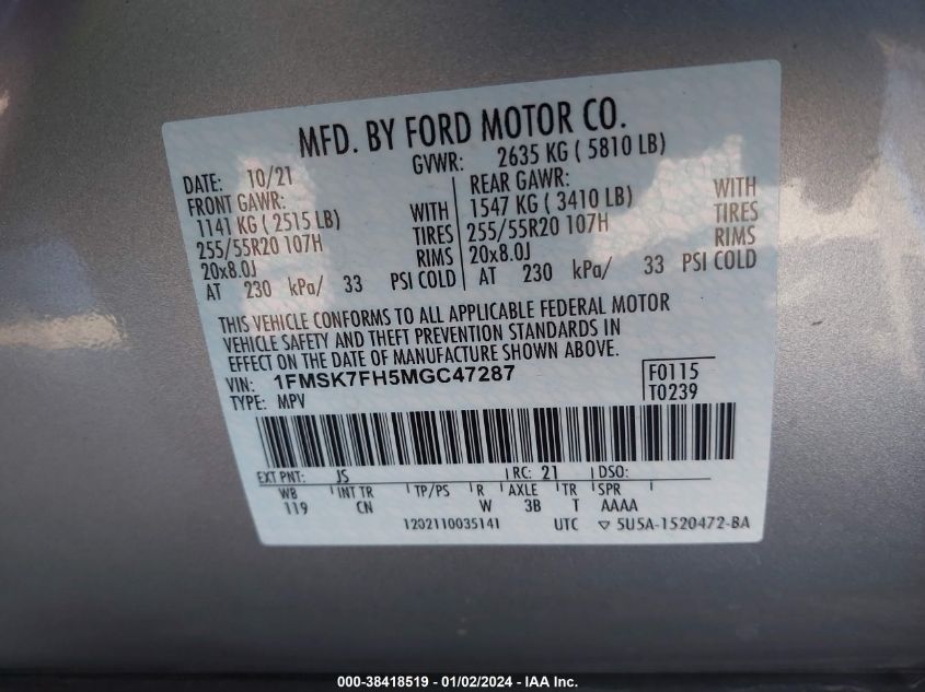 2021 FORD EXPLORER LIMITED - 1FMSK7FH5MGC47287