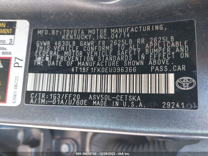 2014 TOYOTA CAMRY SE - 4T1BF1FK0EU396366