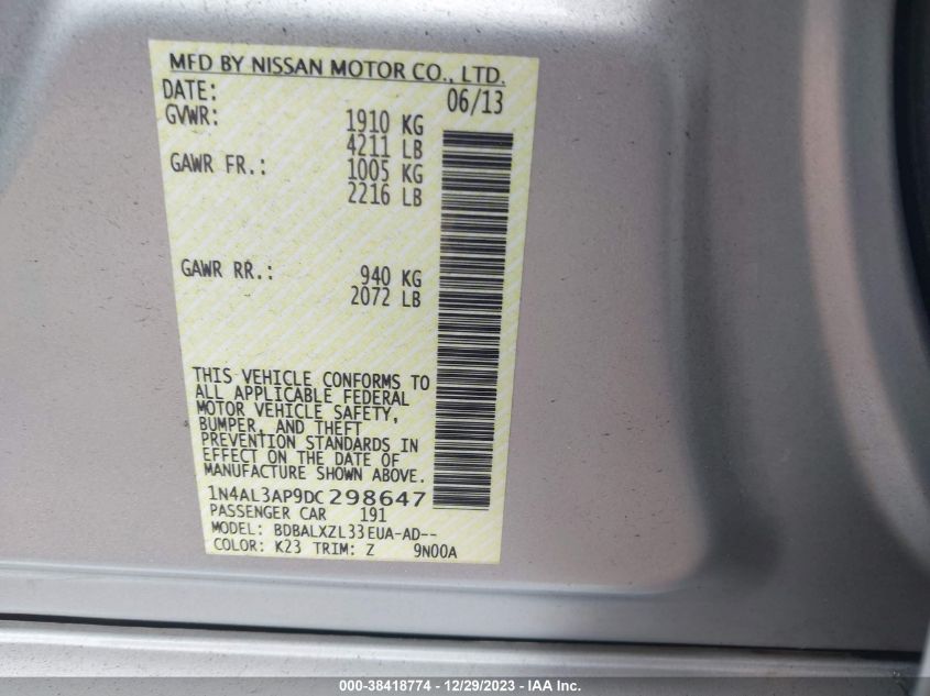 2013 NISSAN ALTIMA 2.5/S/SV/SL - 1N4AL3AP9DC298647