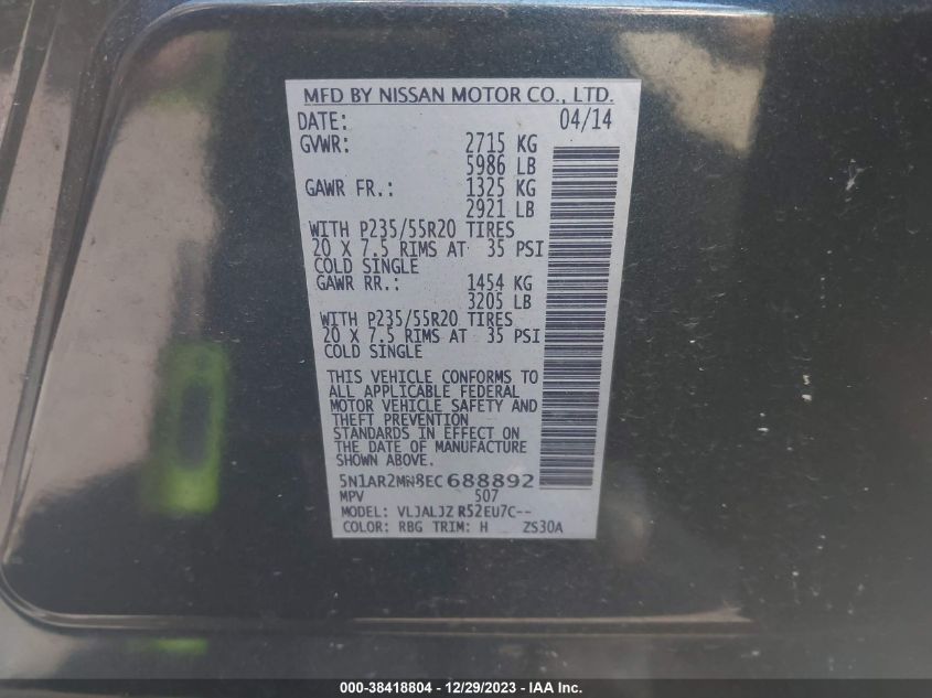2014 NISSAN PATHFINDER PLATINUM - 5N1AR2MN8EC688892