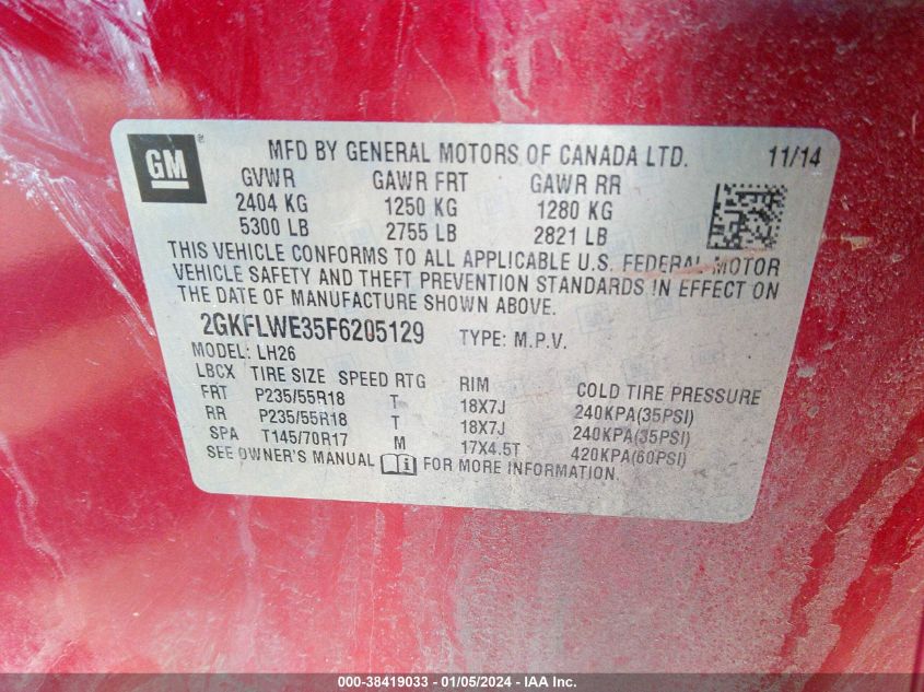 2015 GMC TERRAIN SLE - 2GKFLWE35F6205129