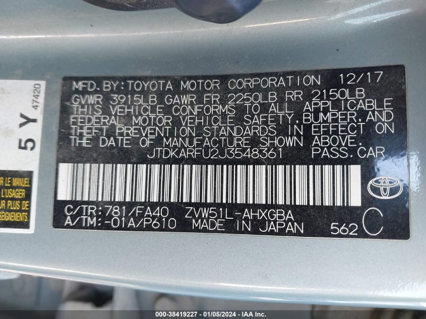 JTDKARFU2J3548361 | 2018 TOYOTA PRIUS