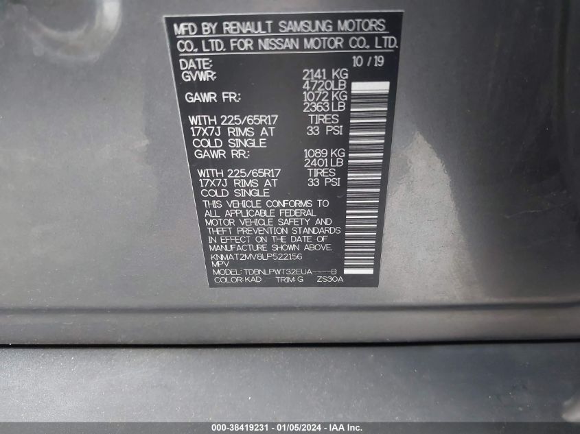 2020 NISSAN ROGUE S INTELLIGENT AWD - KNMAT2MV8LP522156