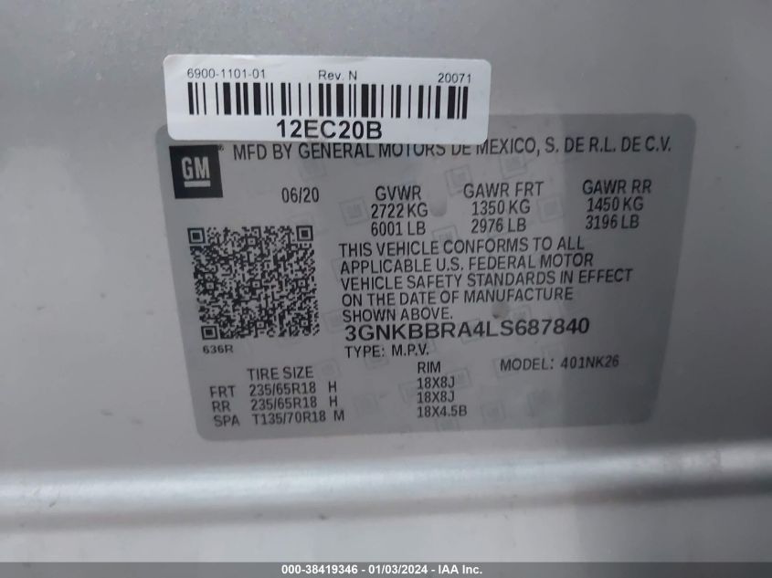 2020 CHEVROLET BLAZER 1LT - 3GNKBBRA4LS687840