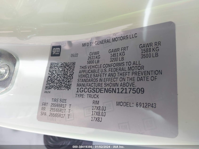 VIN 1GCGSDEN6N1217509 2022 CHEVROLET COLORADO Z71