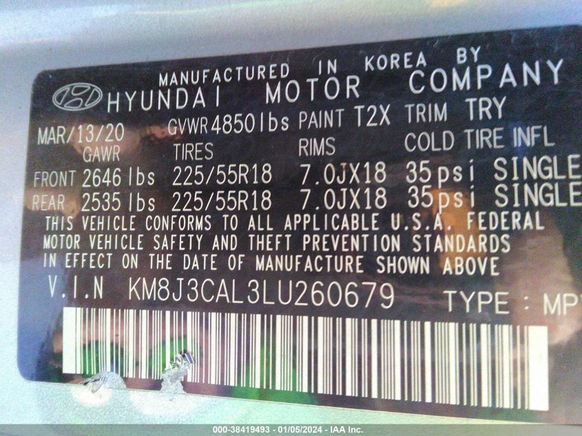 2020 HYUNDAI TUCSON LIMITED/SEL/SPORT/ULTIMATE/VALUE - KM8J3CAL3LU260679