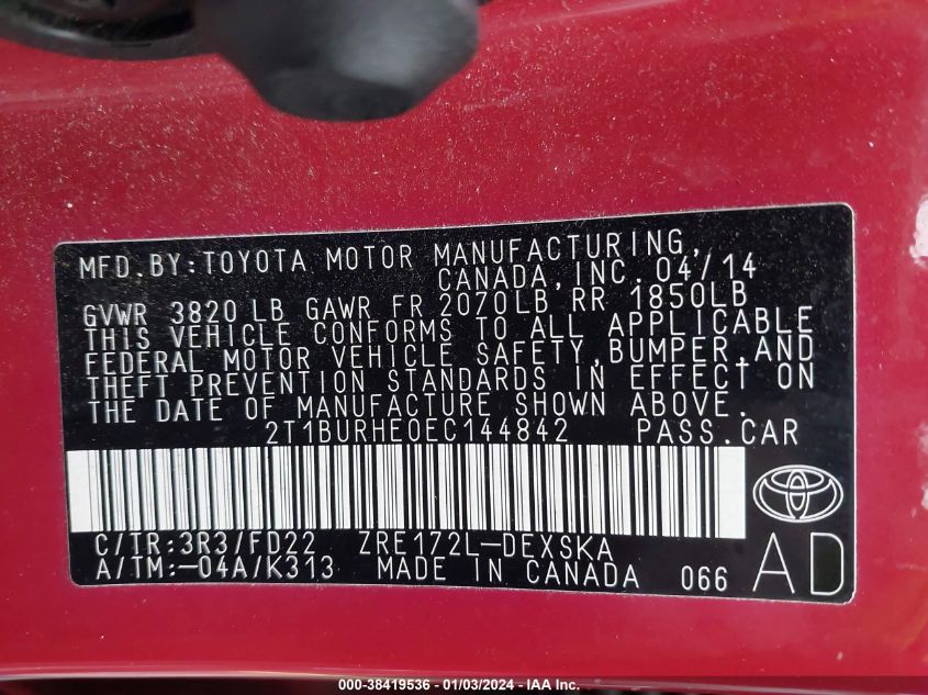 2014 TOYOTA COROLLA L/LE/LE PLS/PRM/S/S PLS - 2T1BURHE0EC144842