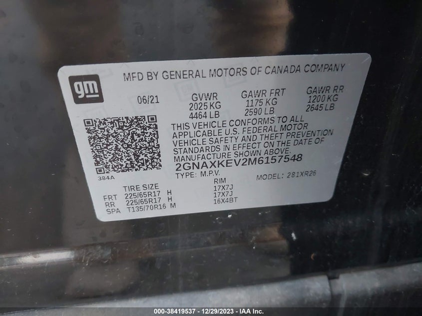 VIN 2GNAXKEV2M6157548 2021 CHEVROLET EQUINOX LT