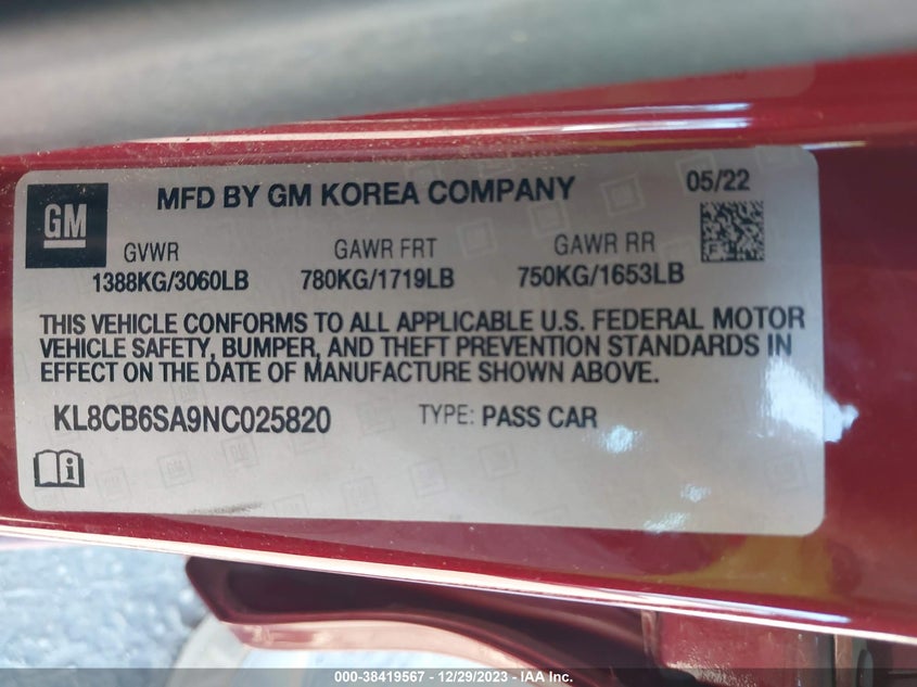 VIN KL8CB6SA9NC025820 2022 CHEVROLET SPARK FWD LS AUTOMATIC