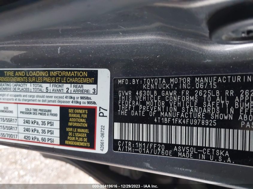 2015 TOYOTA CAMRY SE - 4T1BF1FK4FU978925