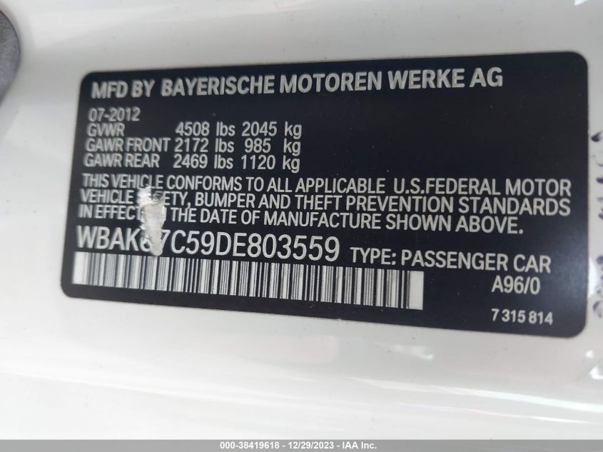 2013 BMW 335I WBAKG7C59DE803559