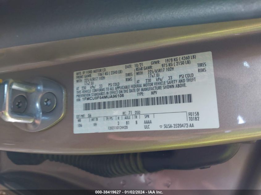 2021 FORD ESCAPE S - 1FMCU0F64MUA96108