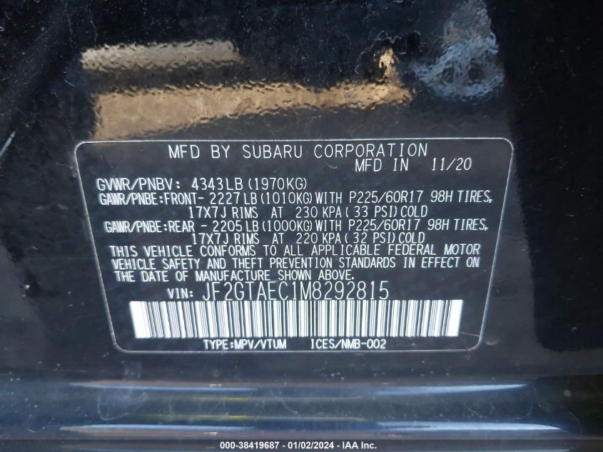 2021 SUBARU CROSSTREK PREMIUM - JF2GTAEC1M8292815