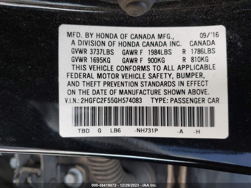 2016 HONDA CIVIC LX - 2HGFC2F55GH574083